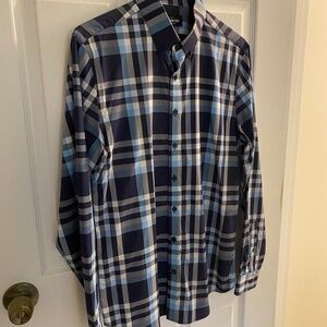 Express Men’s Performance Stretch Button Down, Size S, Navy/Blue/White Plaid